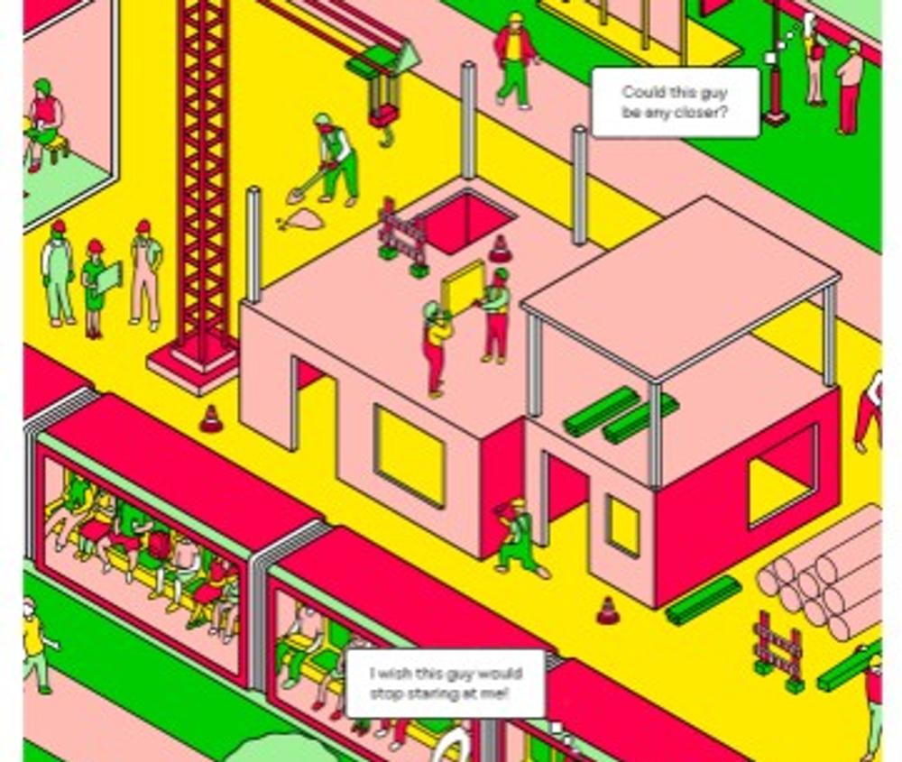 A colourful graphic design project depicting a street and the words: Seeing the Unseen: Misogyny and sexism thrive in silence. Report what you see, support those affected. Be the change we need.