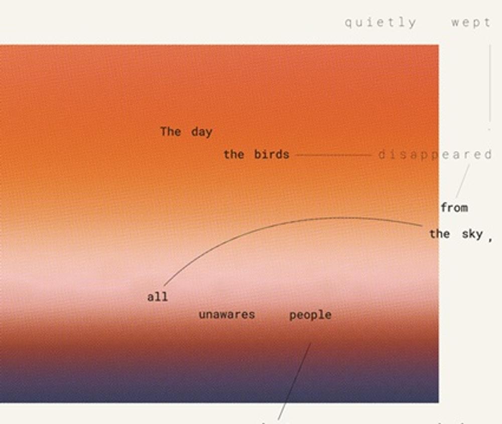 A graphic design project showing a square of orange and purple sunset colours, and poetic floating words about birds and singing