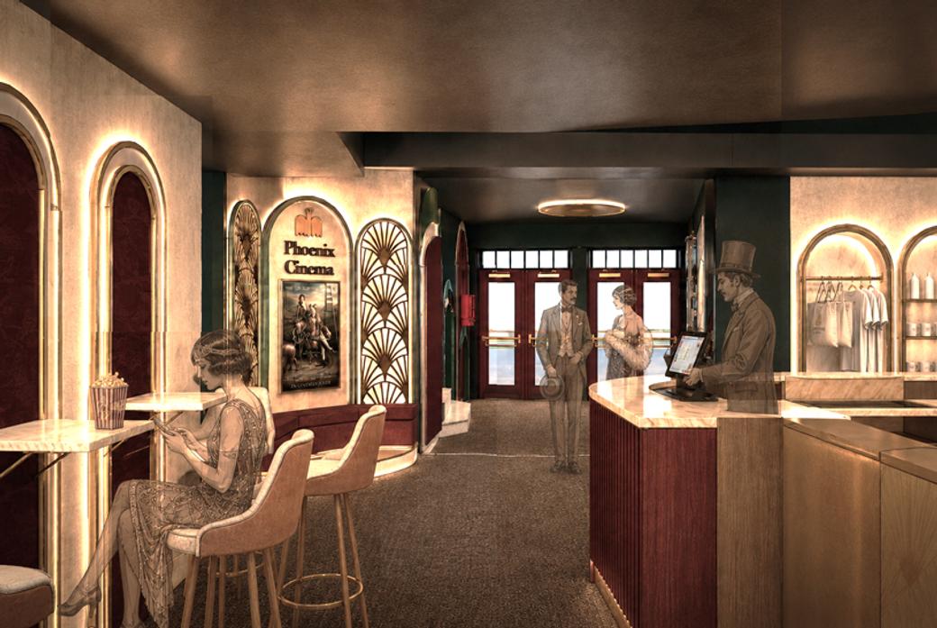 An illustration of a cinema foyer with four people wearing period dress