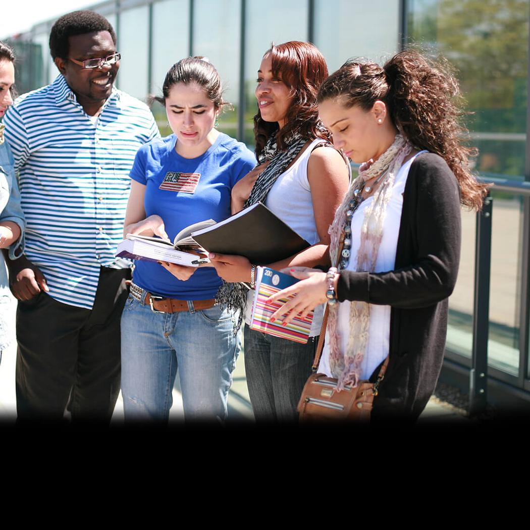 group of students talking on a sunny day