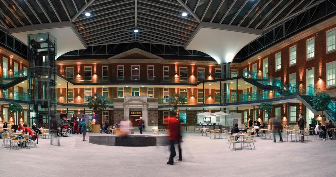 The Quad campus building at night