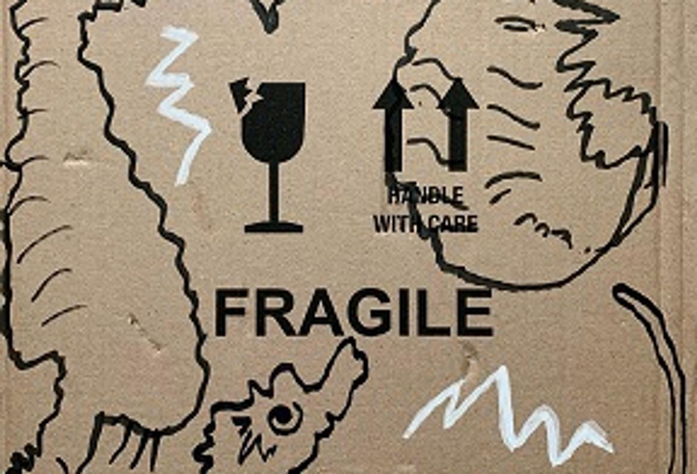 What the Seagrass Says, limited edition print by Heather Phillipson which features outline drawings of three seahorses with comical expressions on a piece of cardboard packing