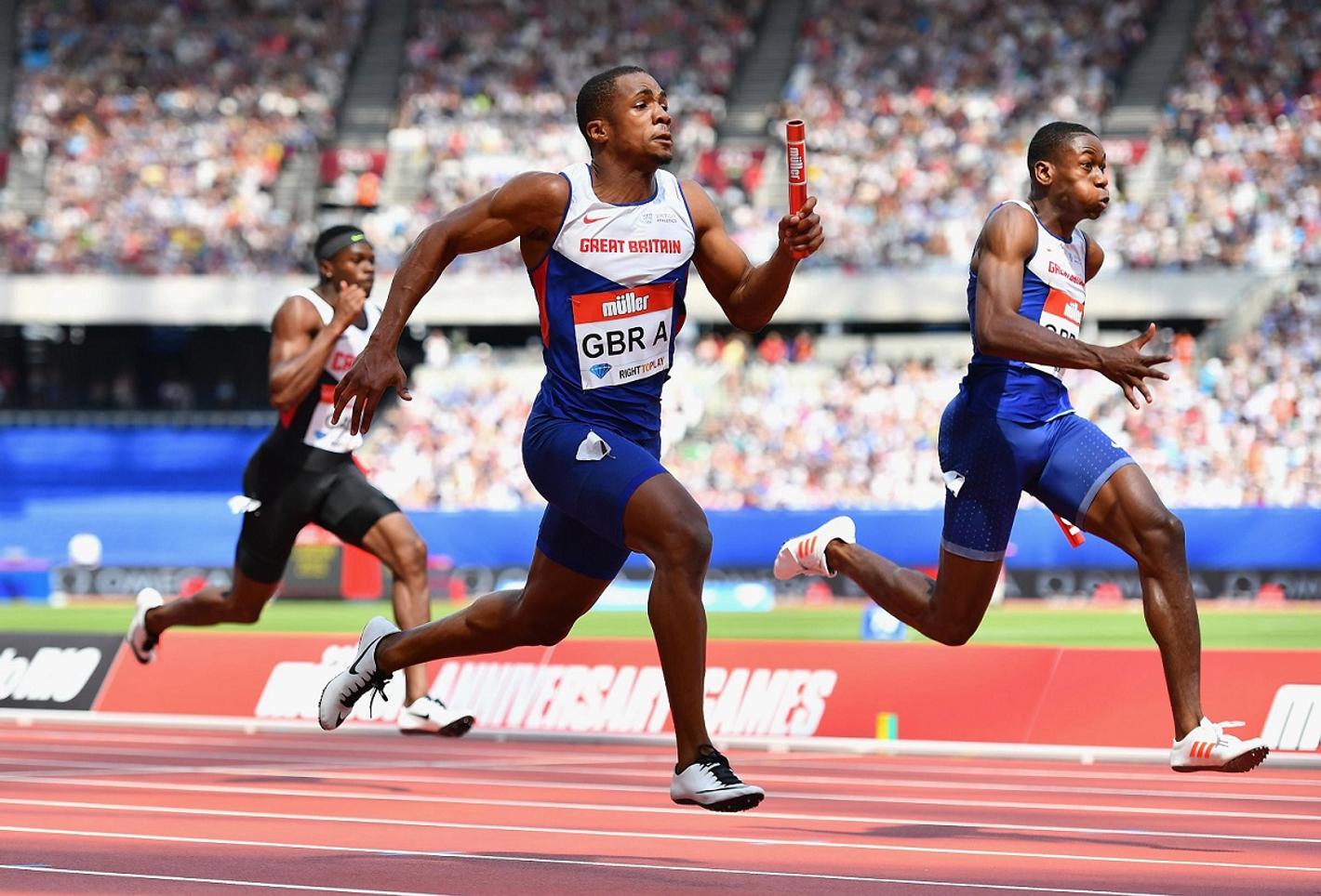 Great Britain's relay team running on the track