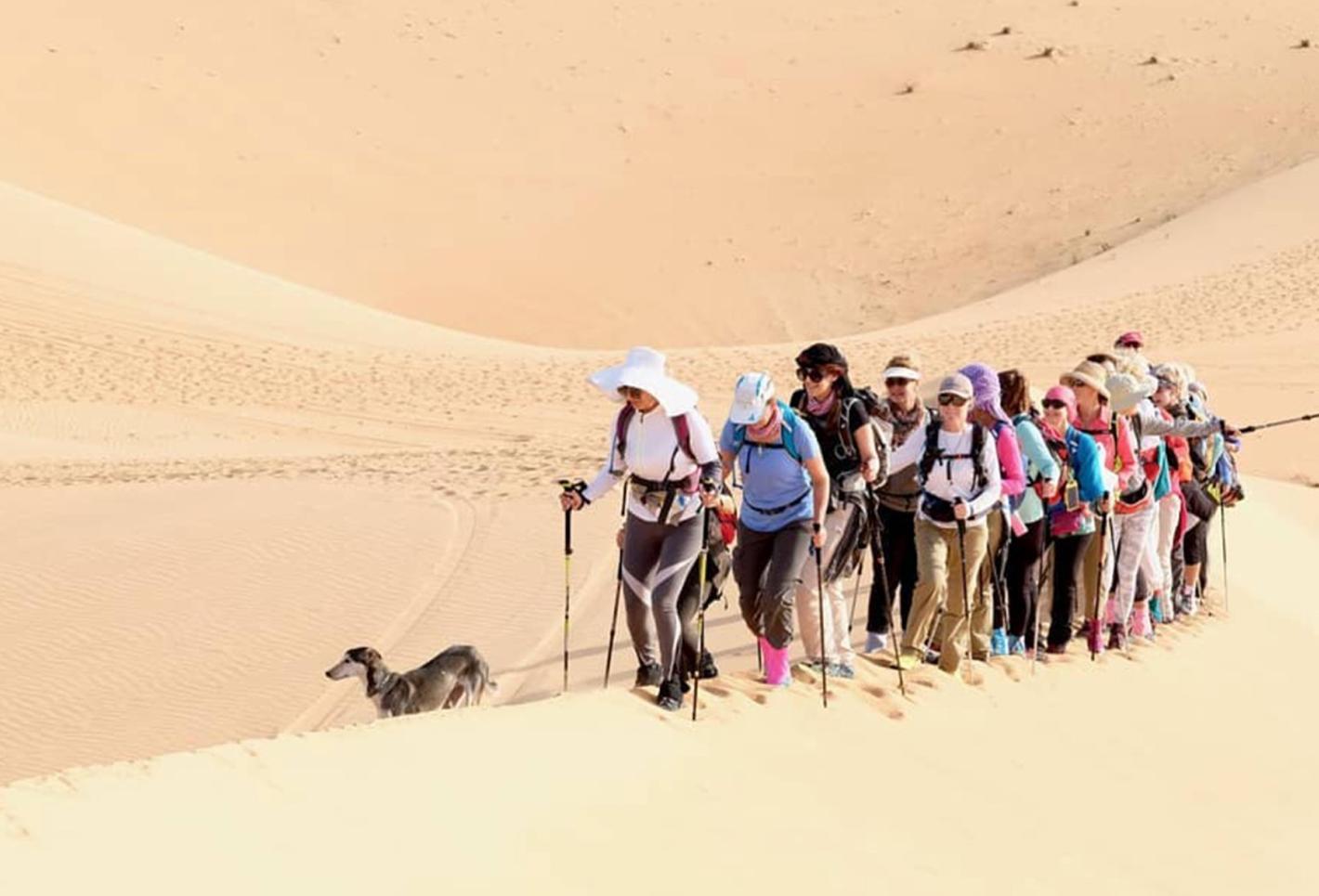 Group on people walking on a sand dune