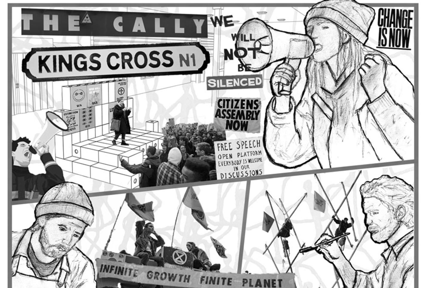 Artwork by Interior Architecture student Alex Smith showing a black and white montage of local life in north London