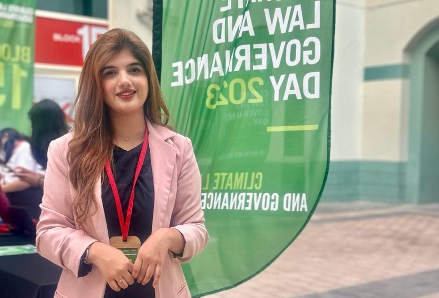 Tayba Jamil outside the Middlesex University Dubai Climate Law event