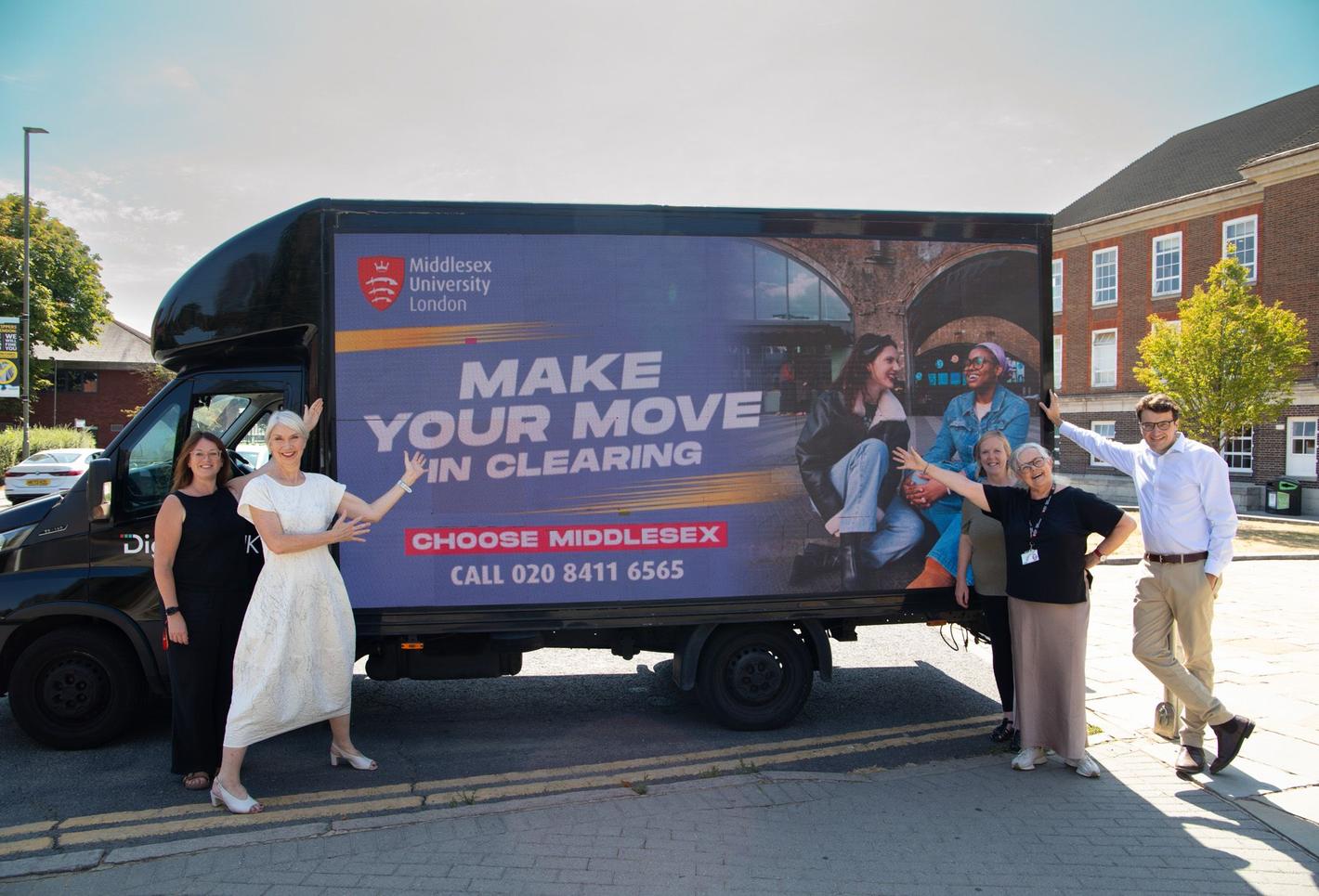 Clearing messaging being advertised on a middlesex van with Professor Shân Wareing, Middlesex University Vice-Chancellor