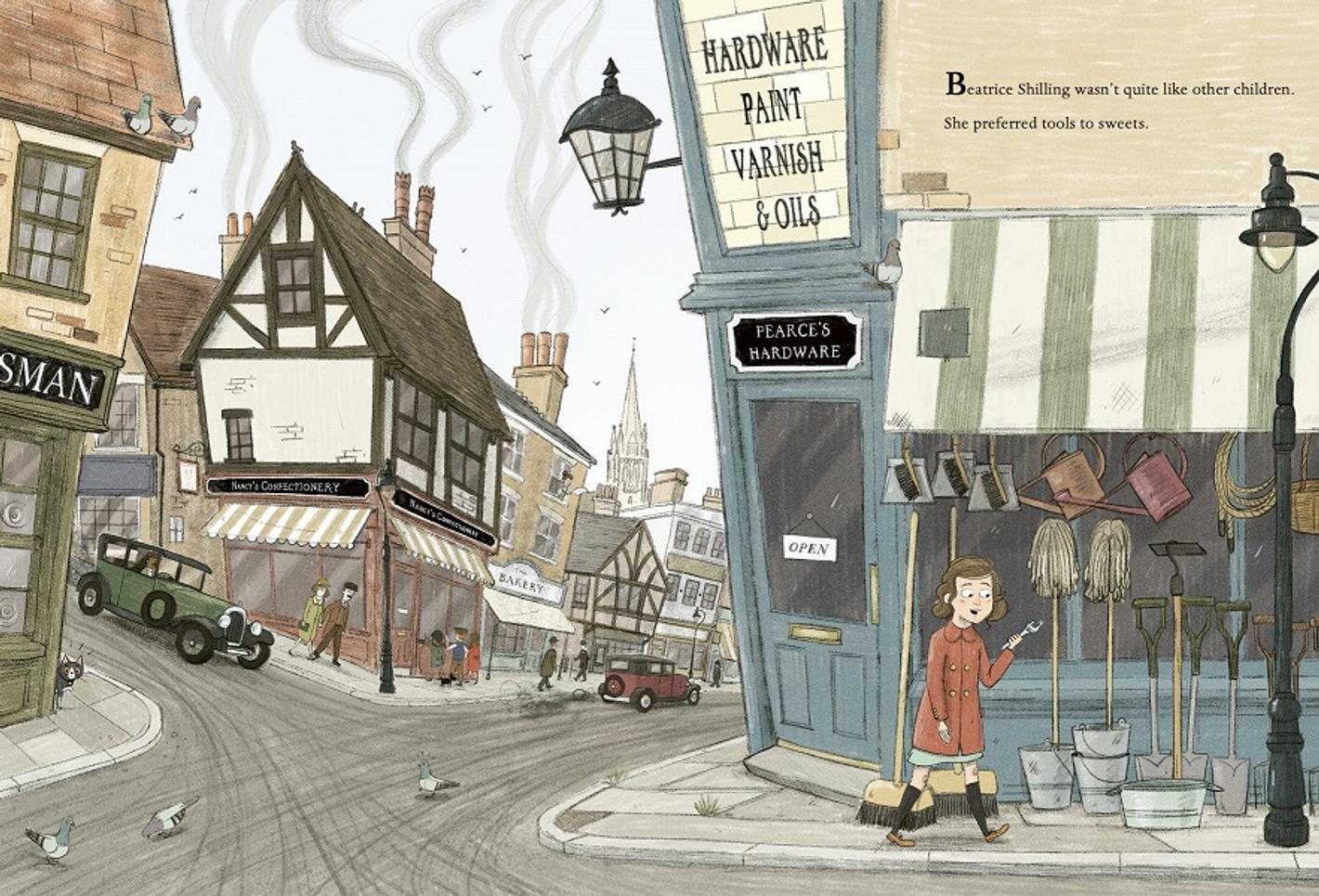 An illustration of a girl walking down the road