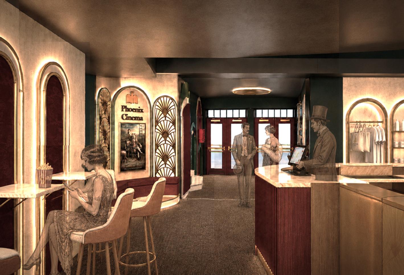 An illustration of a cinema foyer with four people wearing period dress