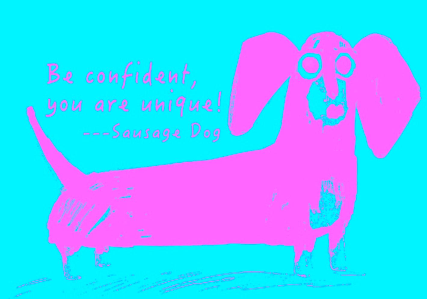 A purple and blue fast duotone image by Liu Zhexi, depicting a sausage dog and the words 