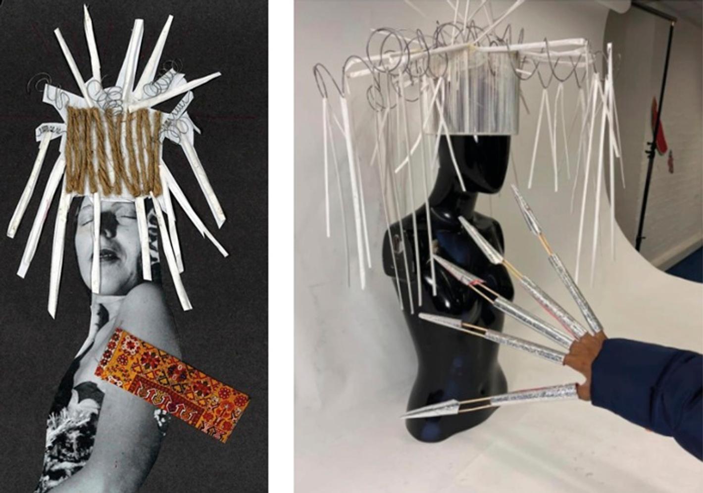 A collage of a bust wearing a headdress, and a person's hand wearing elongated sculpted fingers