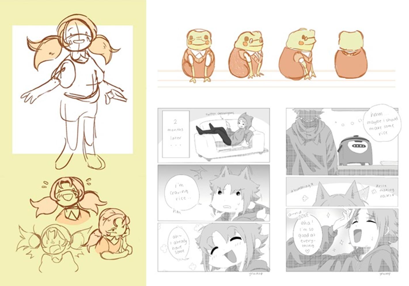 Student work showing sketch illustrations of a little girl, and of a frog