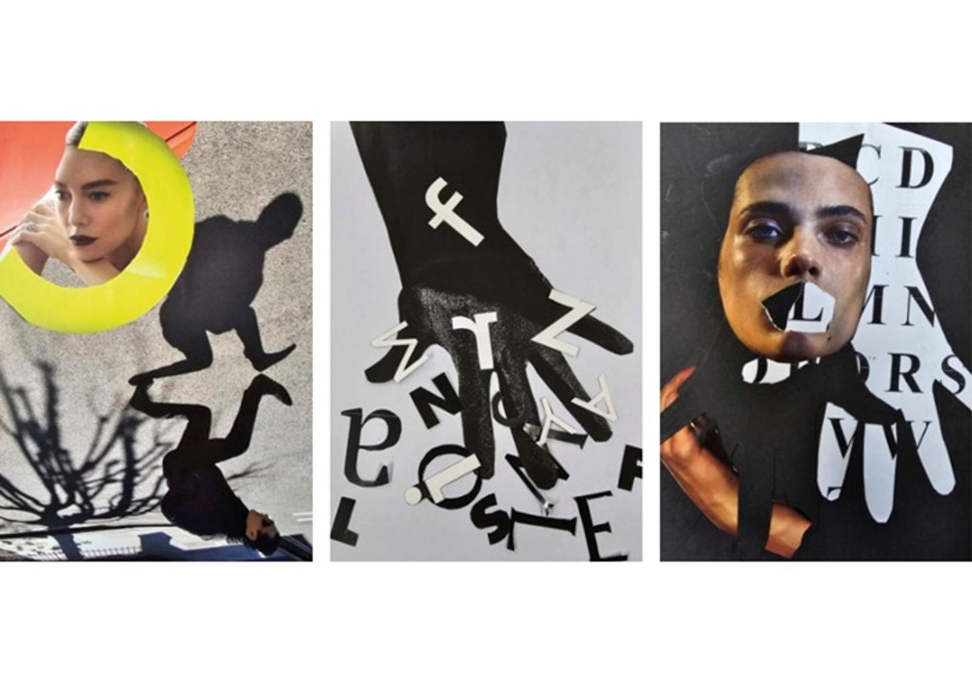 Student work of three collages using human faces, silhouettes, hands and letters