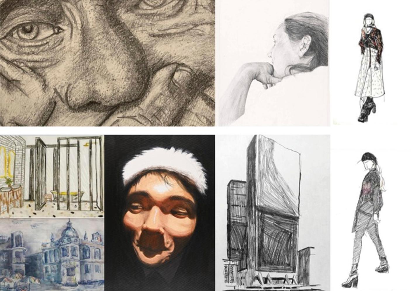 A series of student drawings showing people and places in fine detail