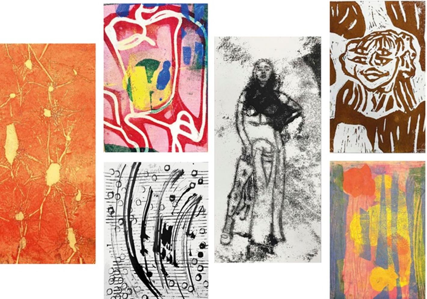 A series of prints created by students, some colourful and some black and white, some showing figures and others abstract patterns