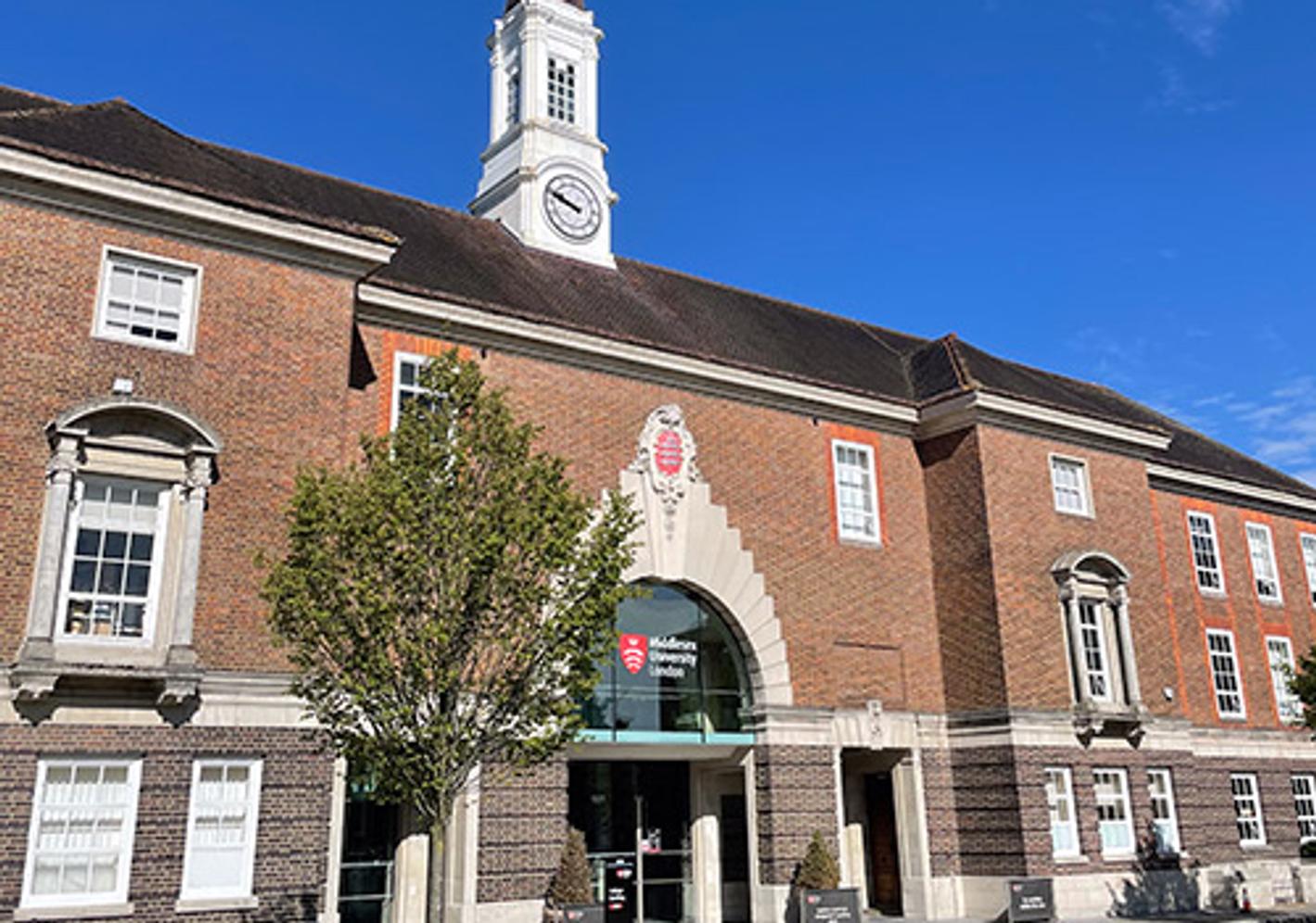A facade of College Building, a red-brick building on Hendon Campus