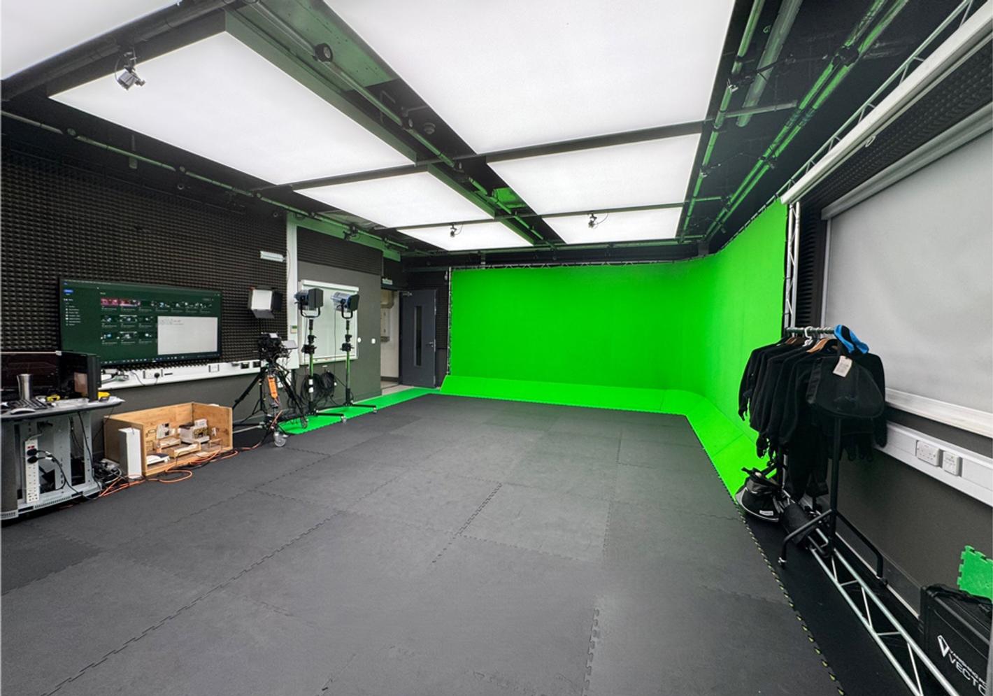 An empty green screen studio in the Middlesex university media centre