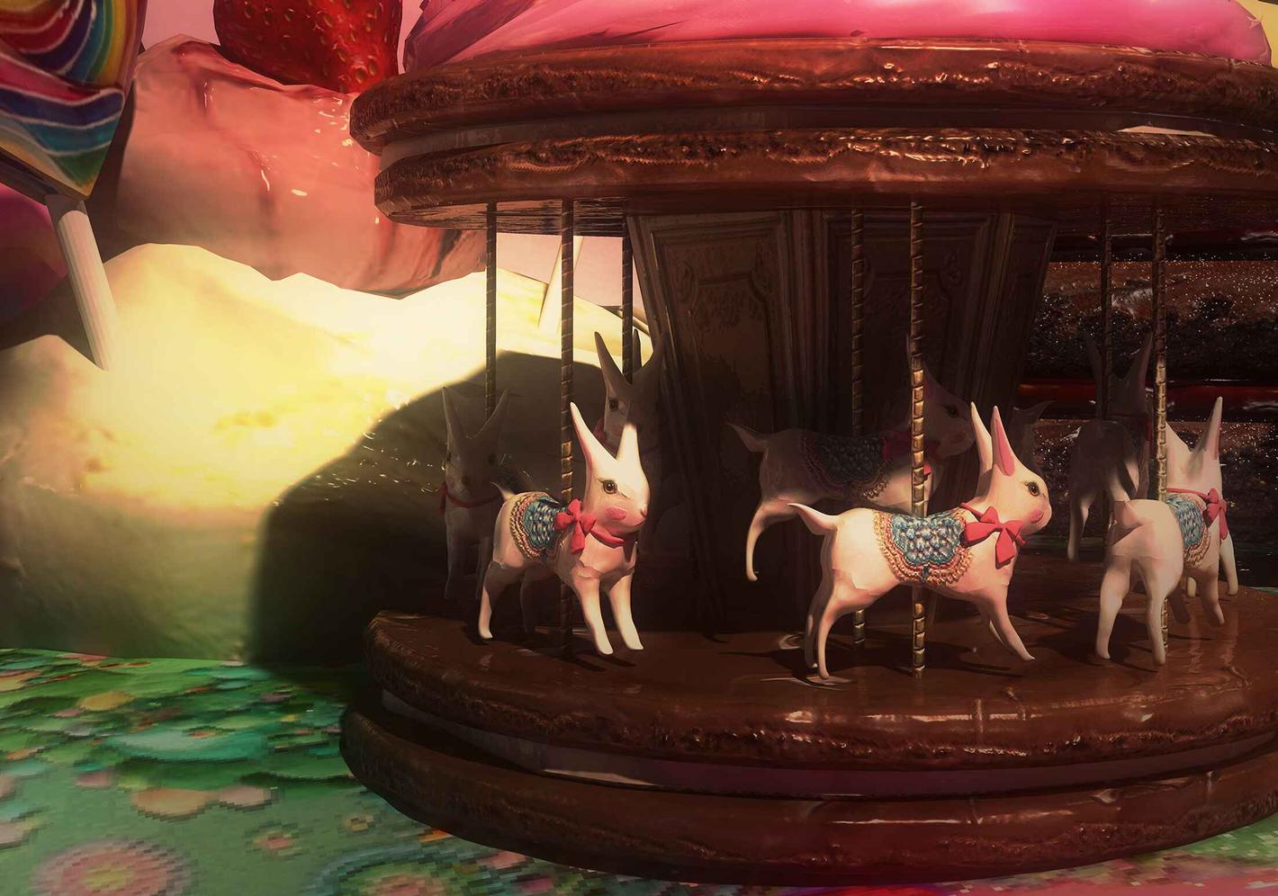 dreamlike landscape made of sweet good with merry go round with rabbits