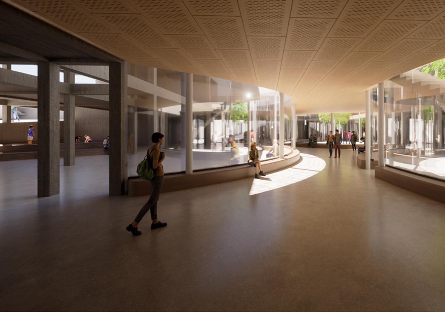 A computer-generated image of an interior walkway with people
