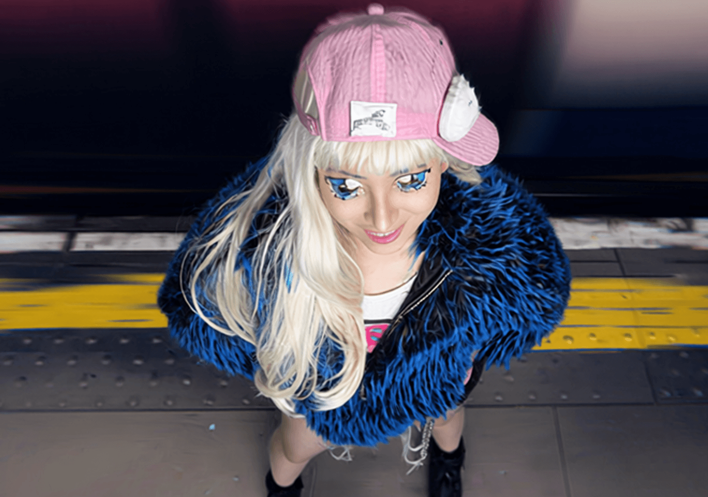 Model posing, in a London underground station