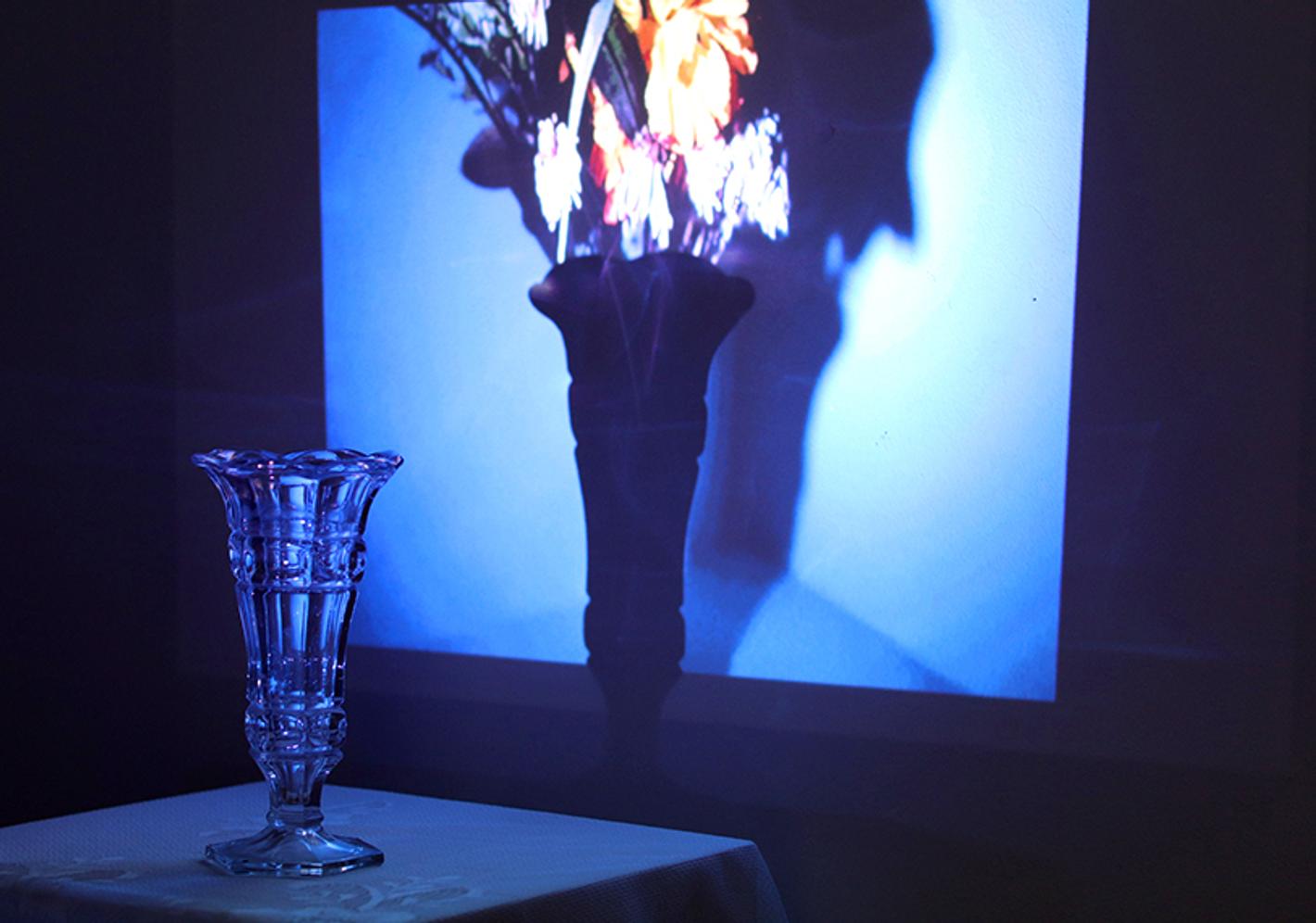 Glass vase in front of a projection of flowers and shadows by Fine Art BA students