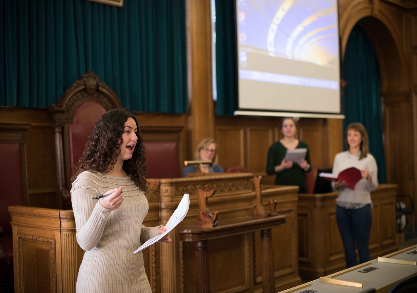 One law student presenting in a court room