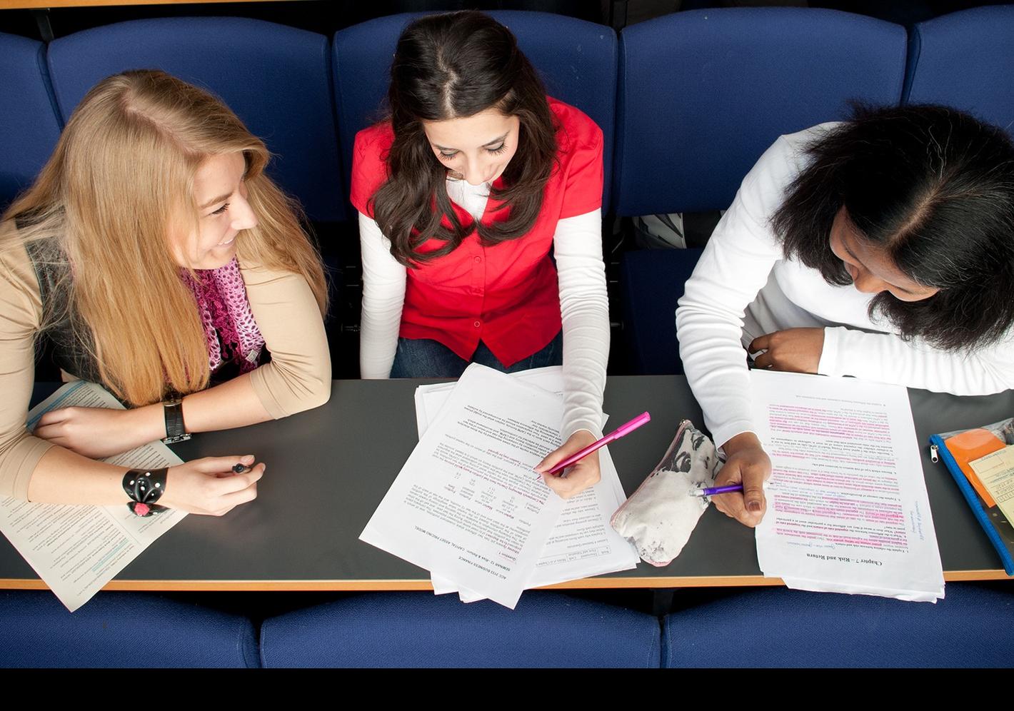 aerial view of three students working