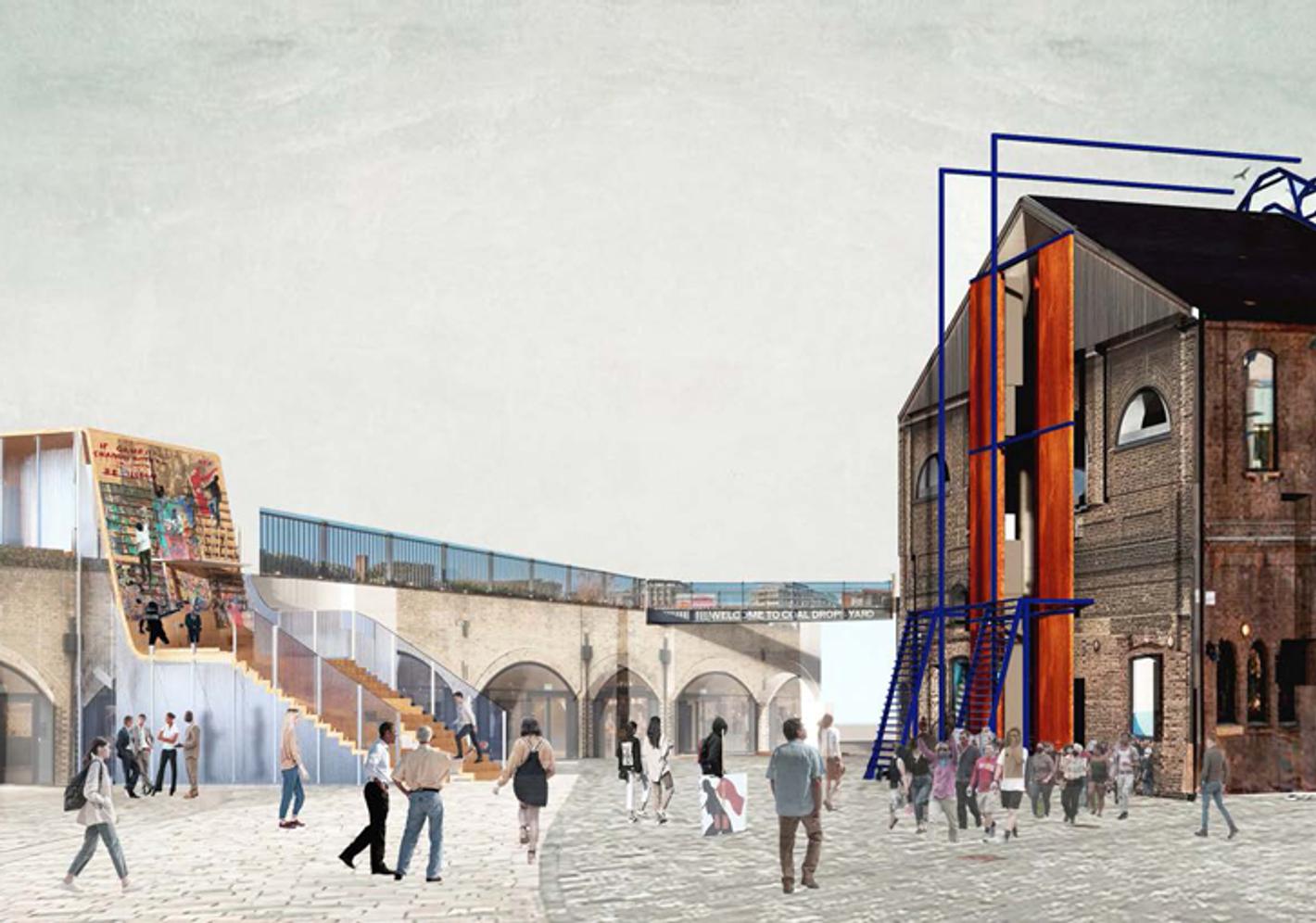 A computer-generated image of a shopping area with an old warehouse and walkways