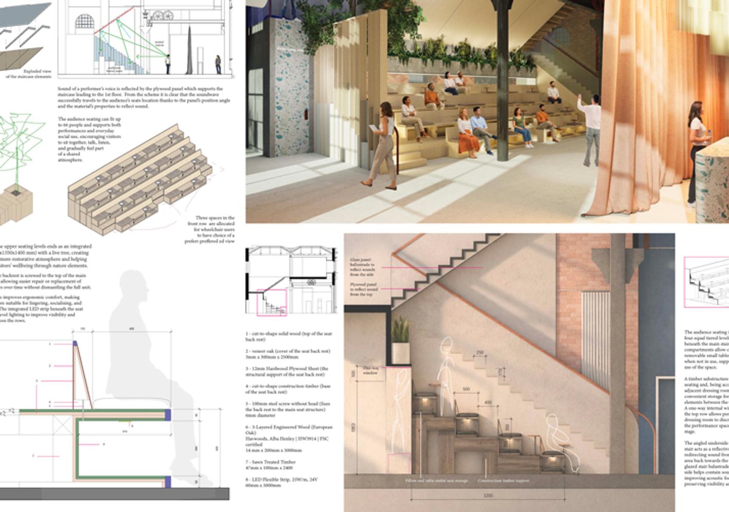 A collection of plans for an interior design of a theatre