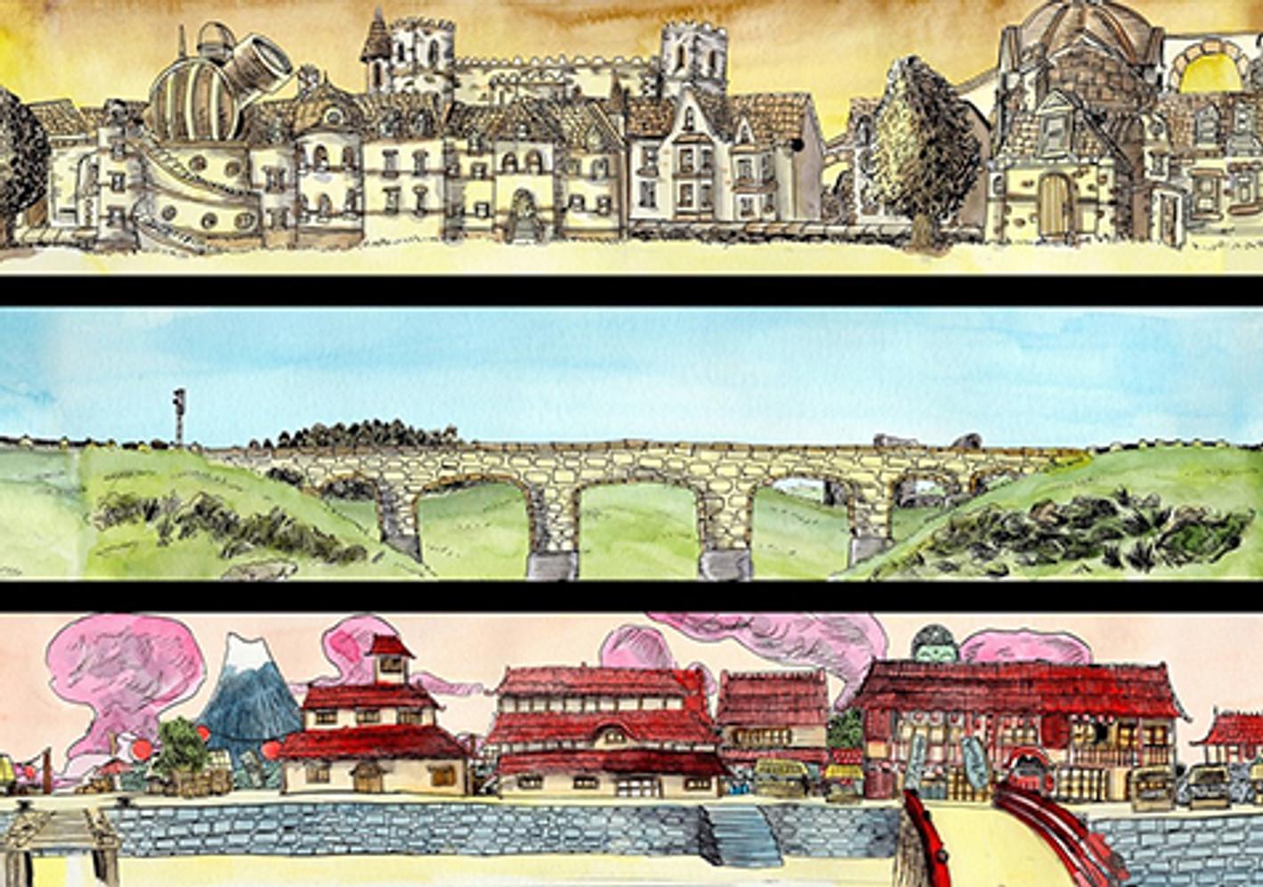 Three city views with buildings and bridges, captured by Fred Campbell.