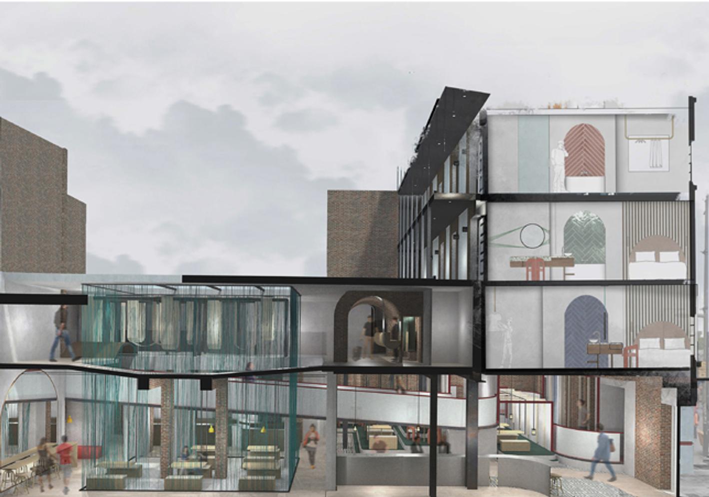 A computer-generated cutaway graphic of a building showing rooms inside with gym equipment