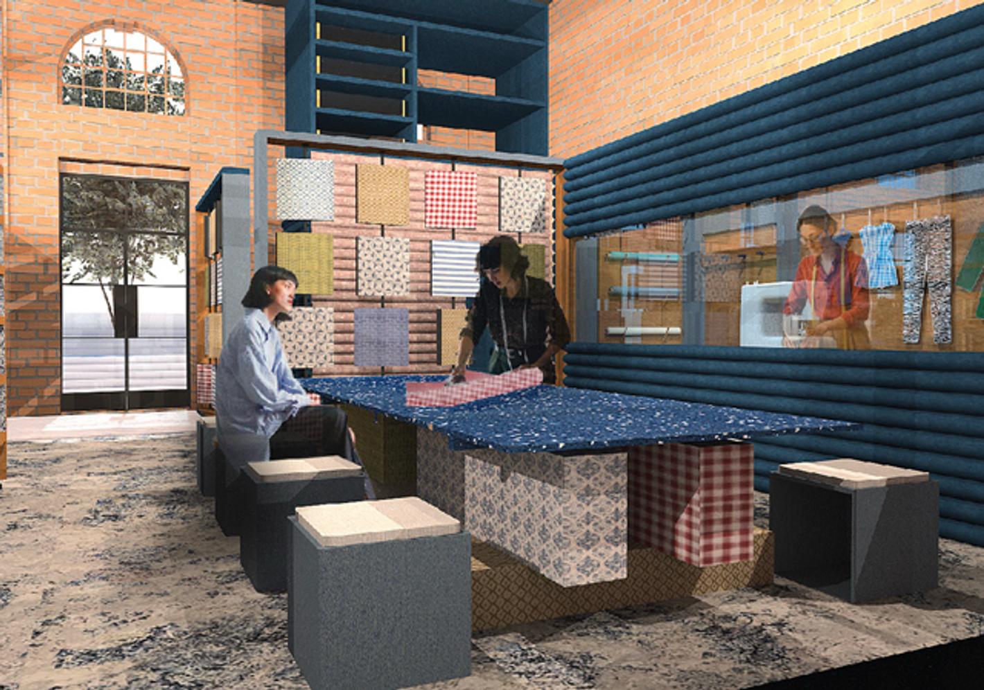 A computer-generated image of two people sitting in a cafe with someone cooking behind them