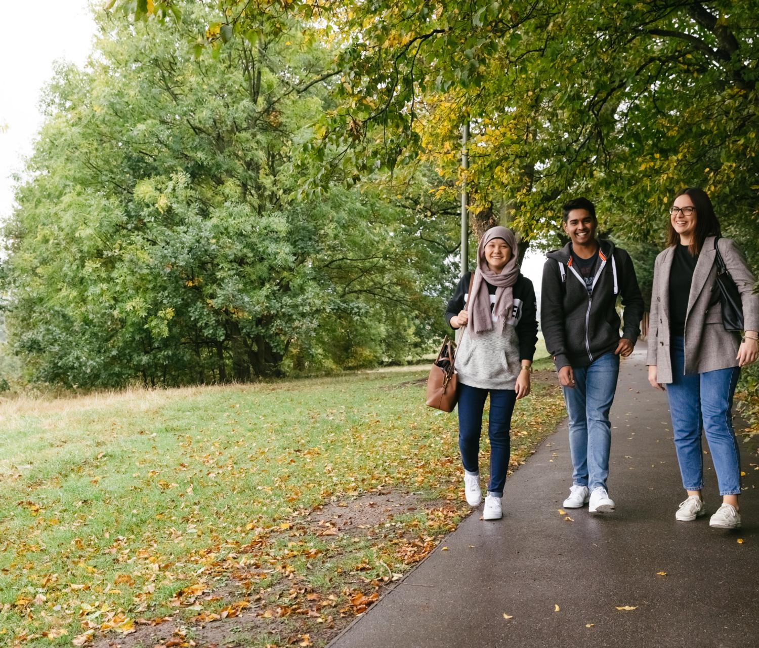 A group of students walking on a path through Sunny Hill park on a sunny day.
