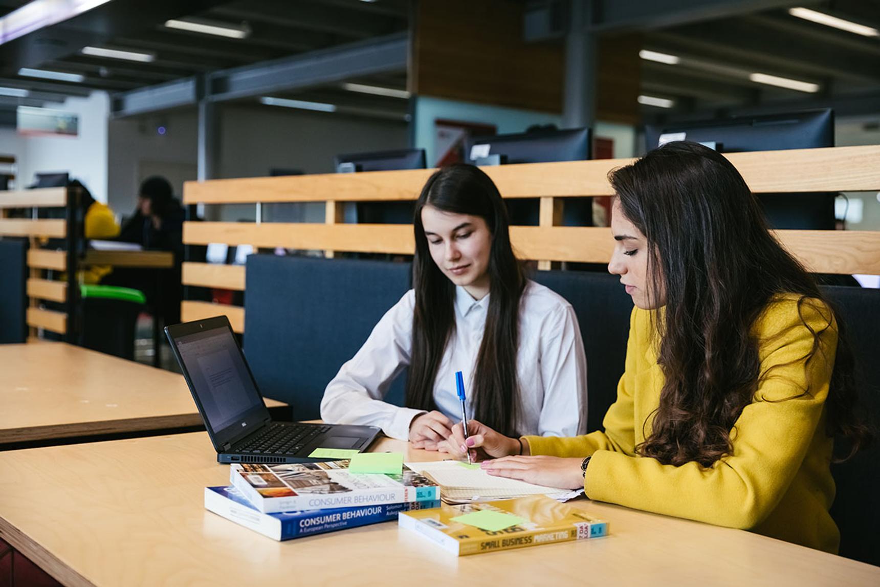 Two students study together in library