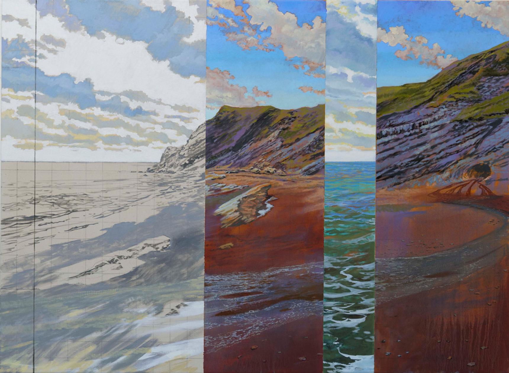 A painting of cliffs, seashore and sea in colour