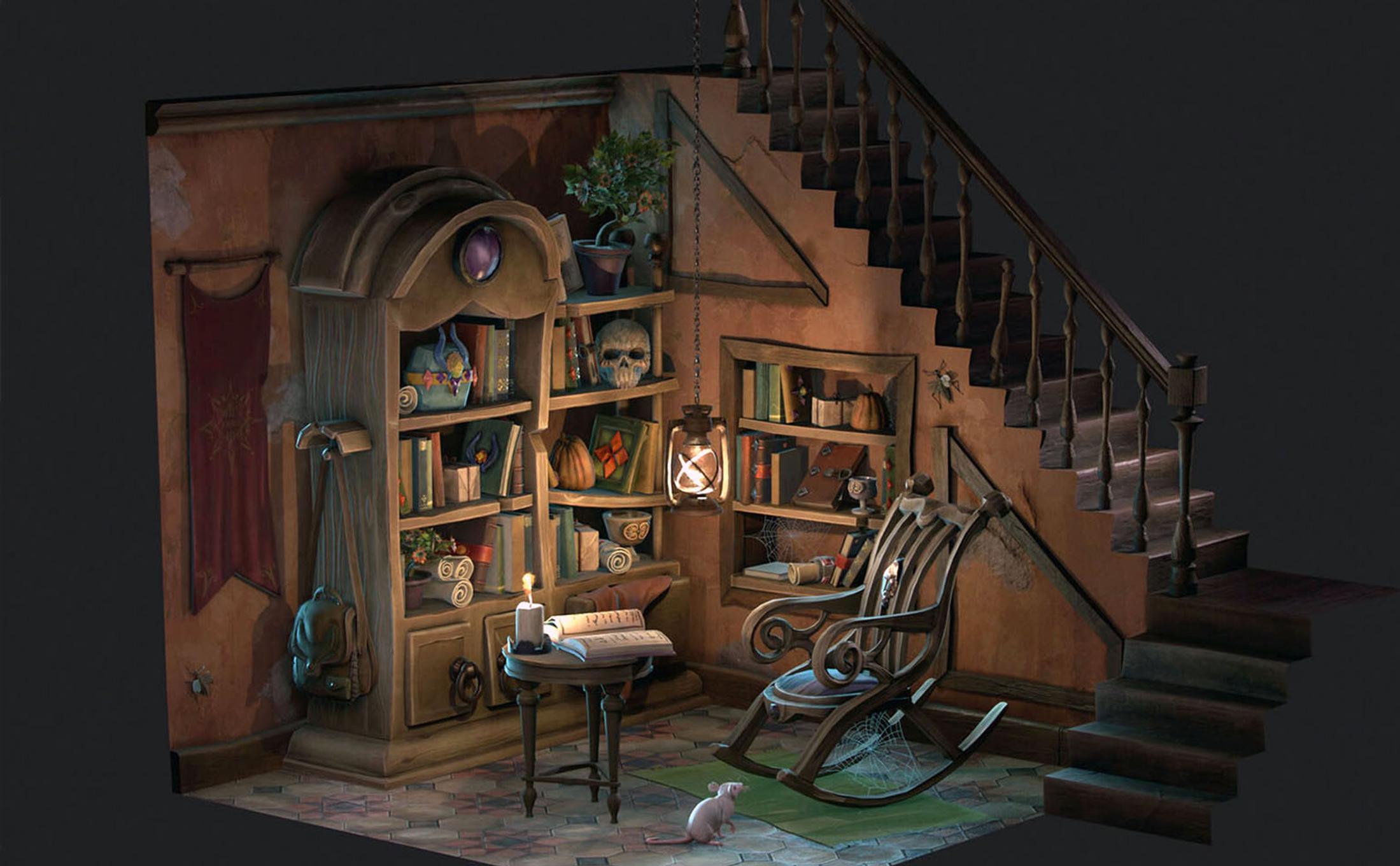 creepy looking house interior with bookshelf and staircase