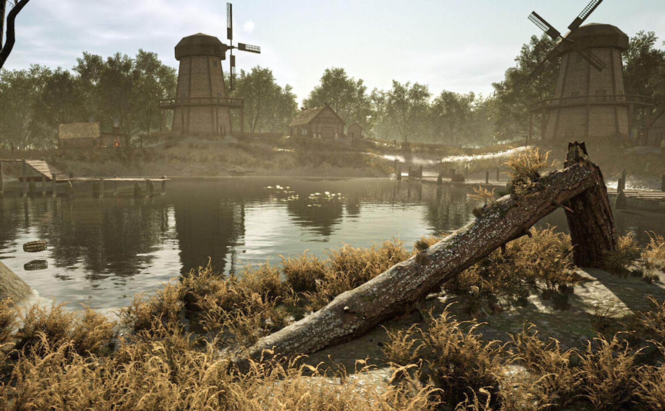 pond with windmills