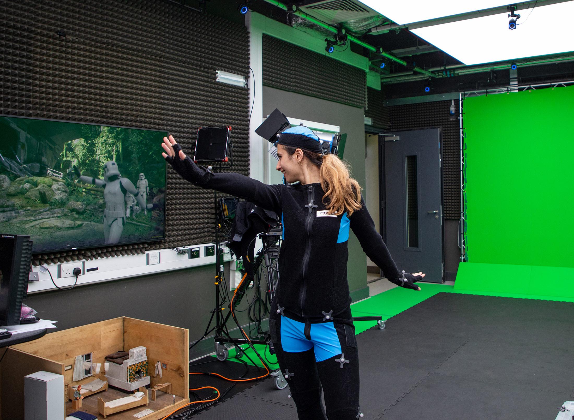 Student using motion capture technology at Middlesex University