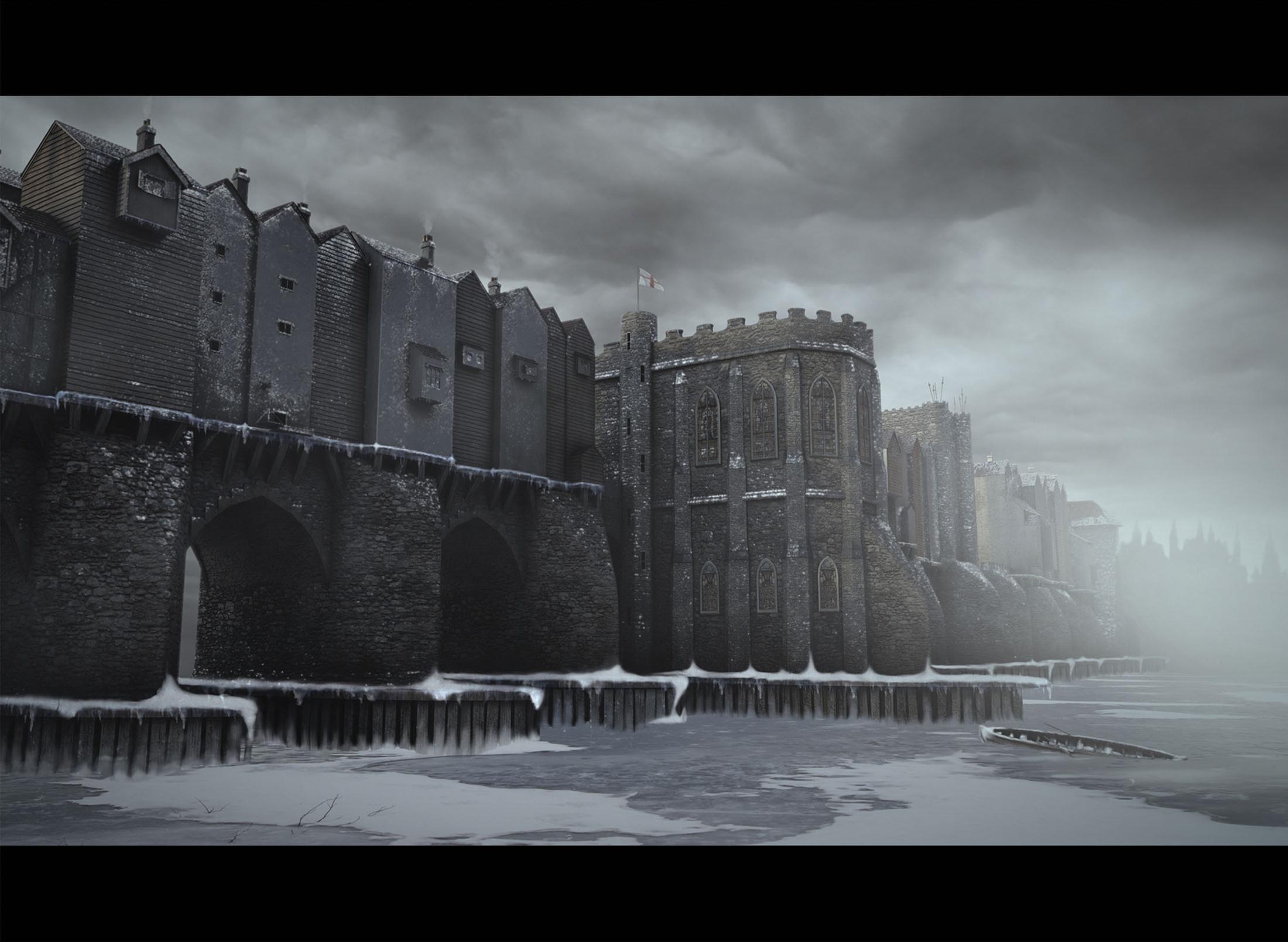 3d rendered artwork of a castle by a stormy sea