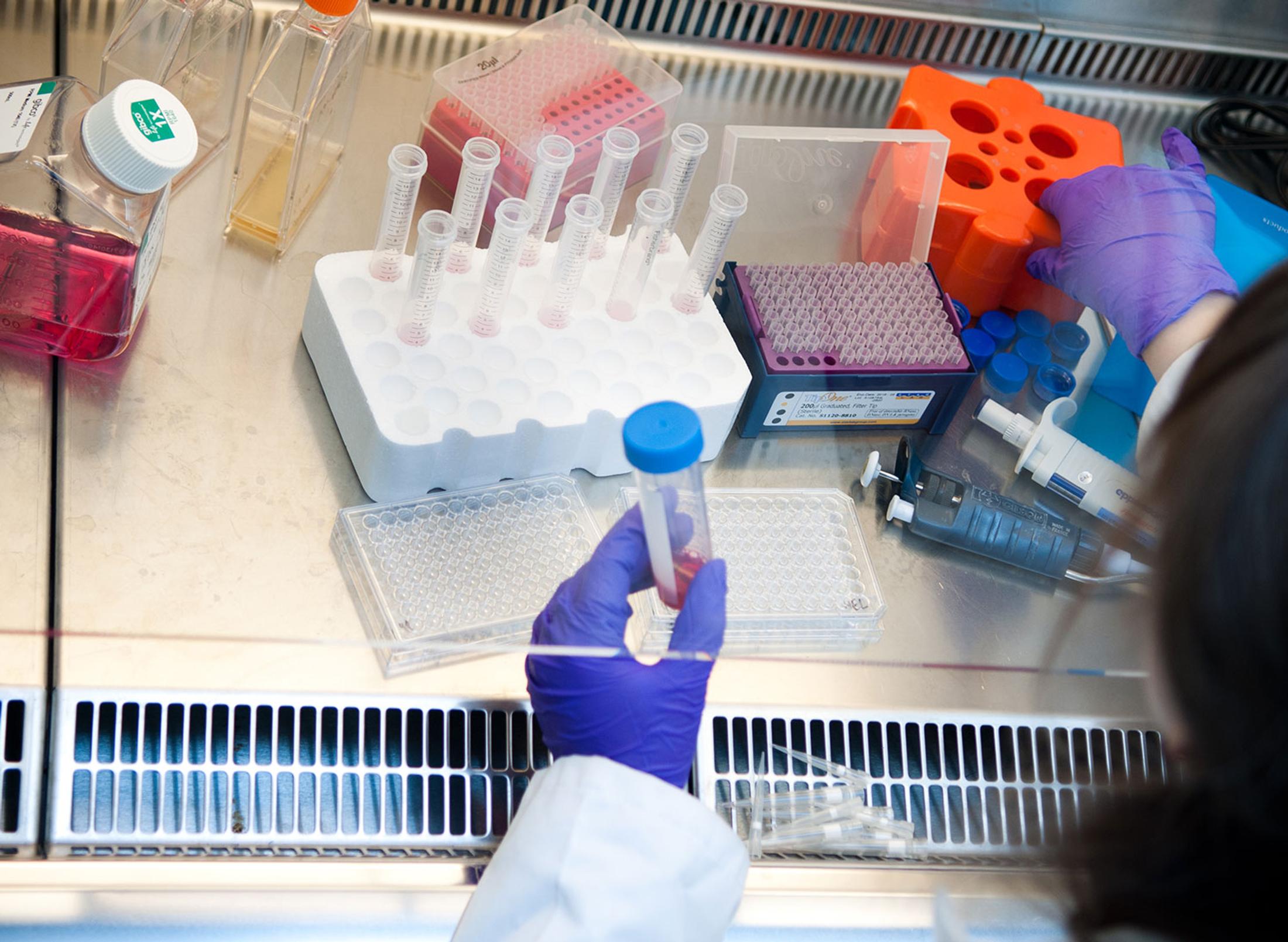Medical student in a lab mixing text tubes