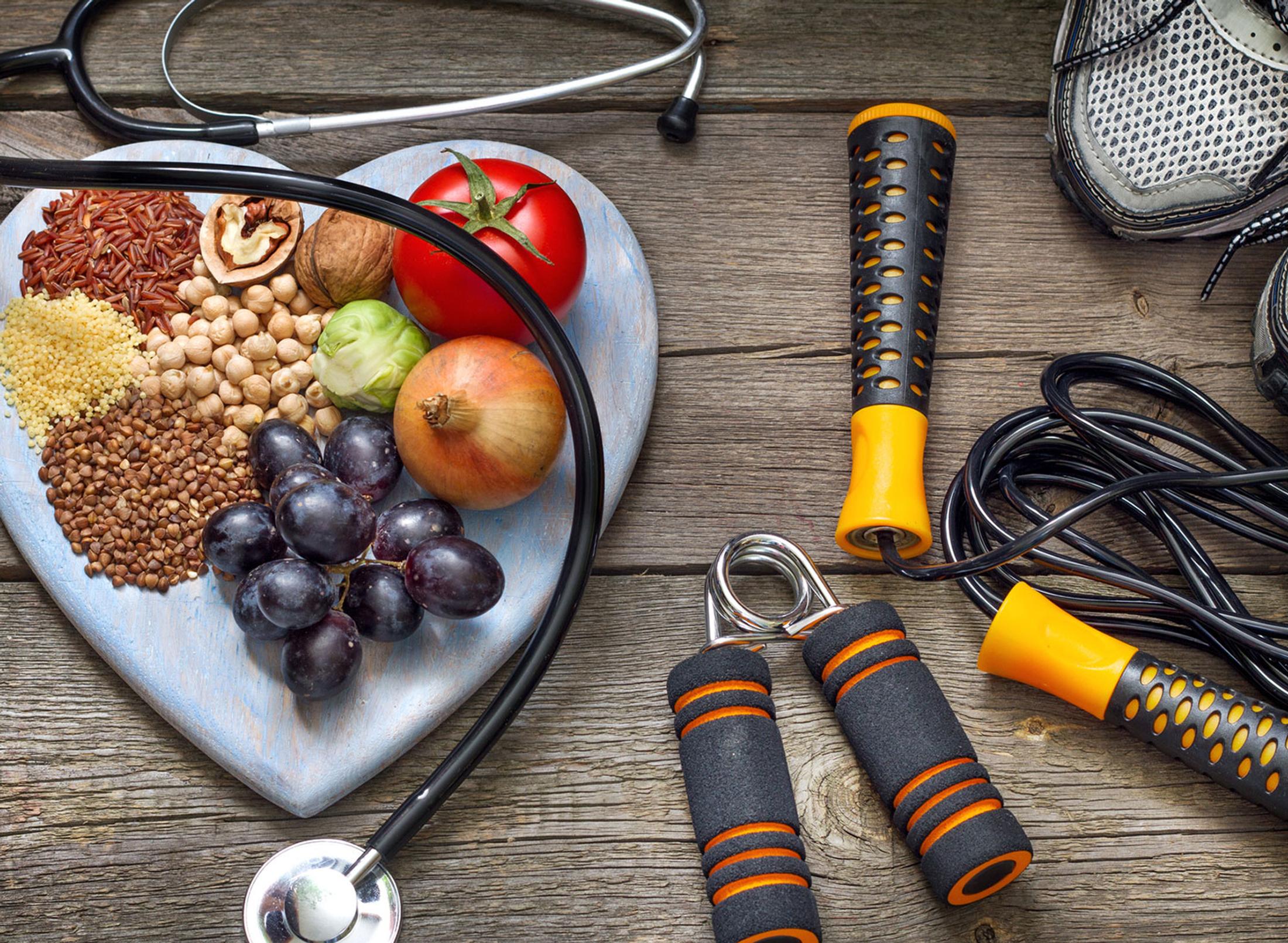 healthy food and gym equipment