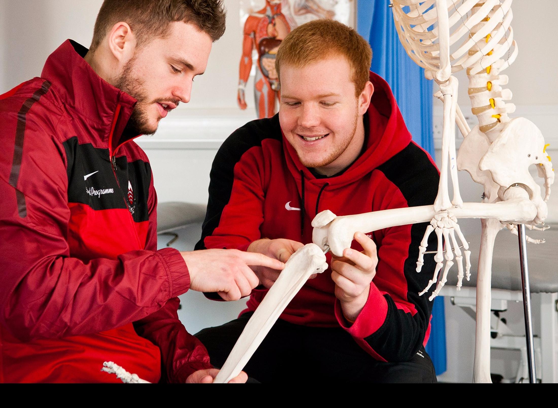 two students examining a skeleton