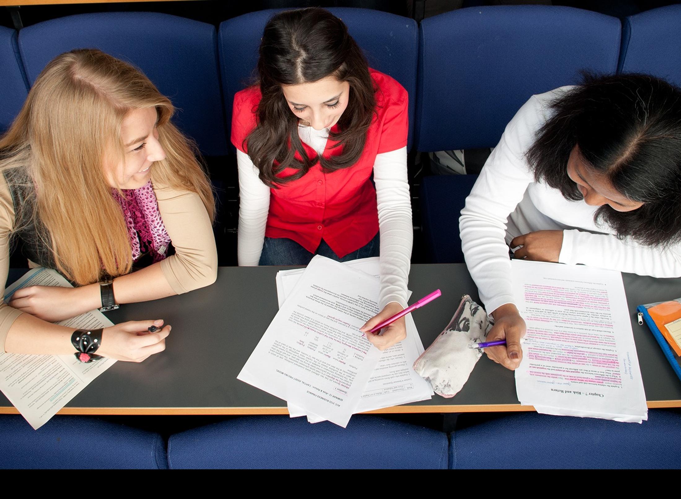 aerial view of three students working