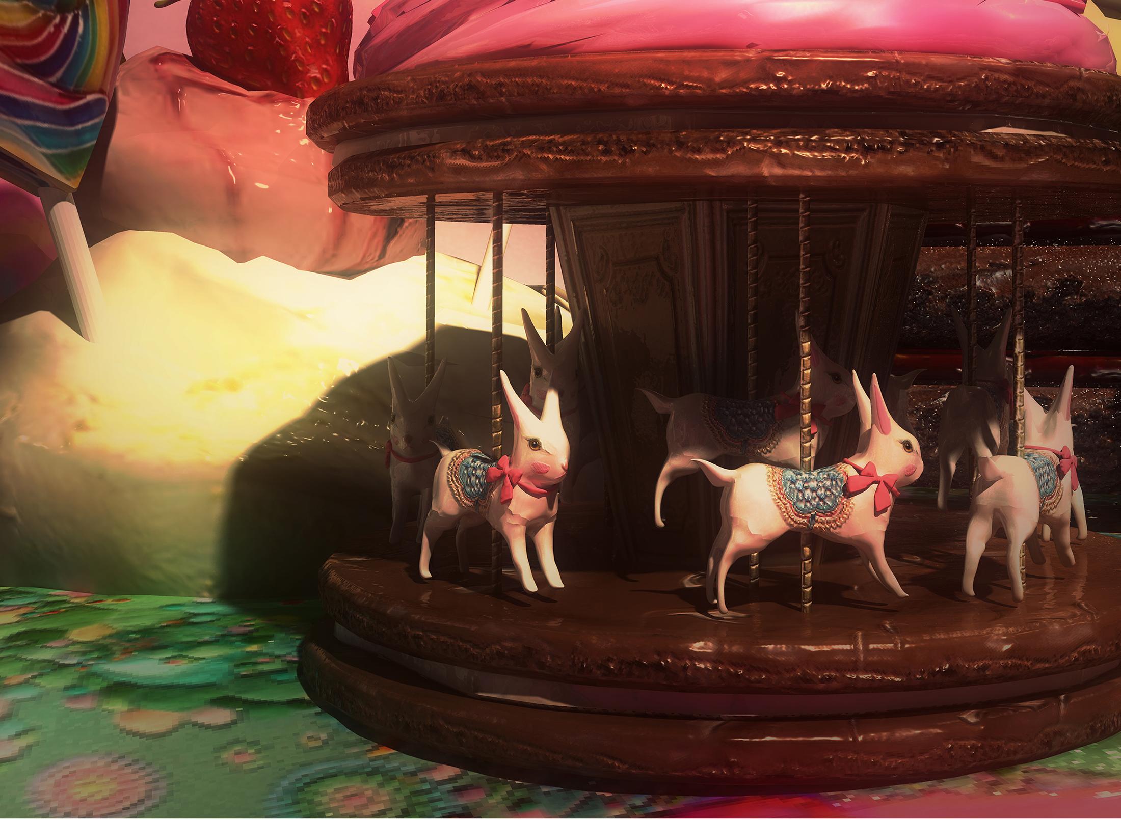 dreamlike landscape made of sweet good with merry go round with rabbits