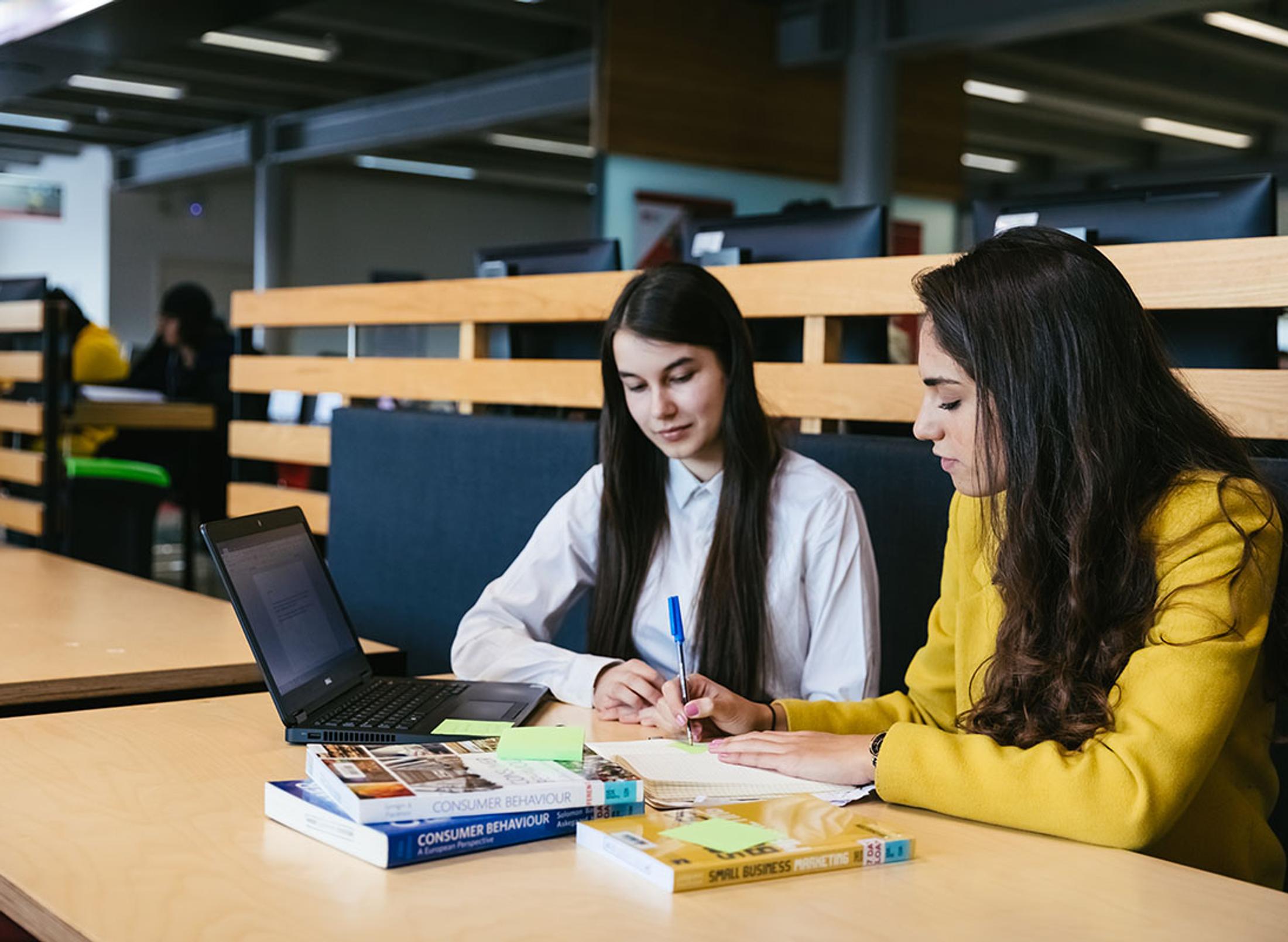 Two students study together in library