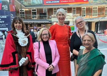 Middlesex Vice-Chancellor Professor Shân Wareing, Age UK Barnet Chief Executive Helen Newman and the Mayor of the London Borough of Barnet, Councillor Zahra Beg celebrate Silver Sunday event