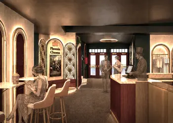 An illustration of a cinema foyer with four people wearing period dress