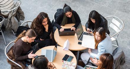 A group of young women in a discussion round a table taken from above