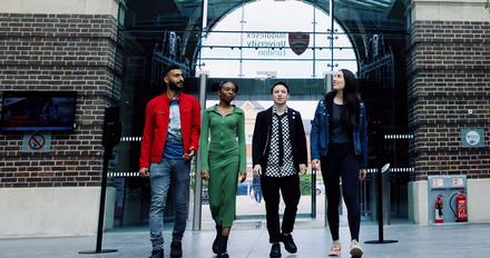 Students in the college building