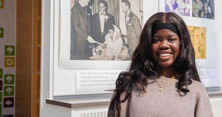 Angel - clearing student stood in art building